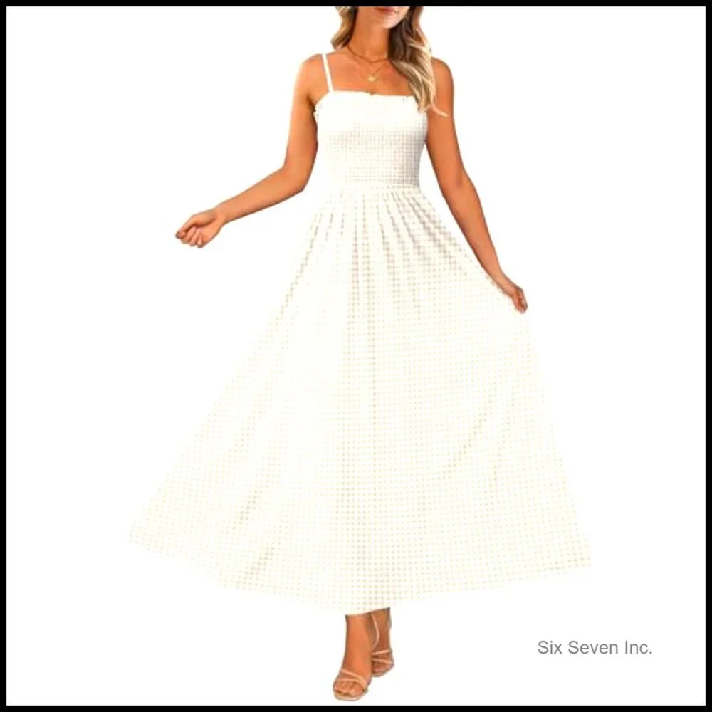 Spaghetti Strap Maxi Dress Smocked Boho Beach Casual Summer Flowy Sundress - Picture 2 of 7